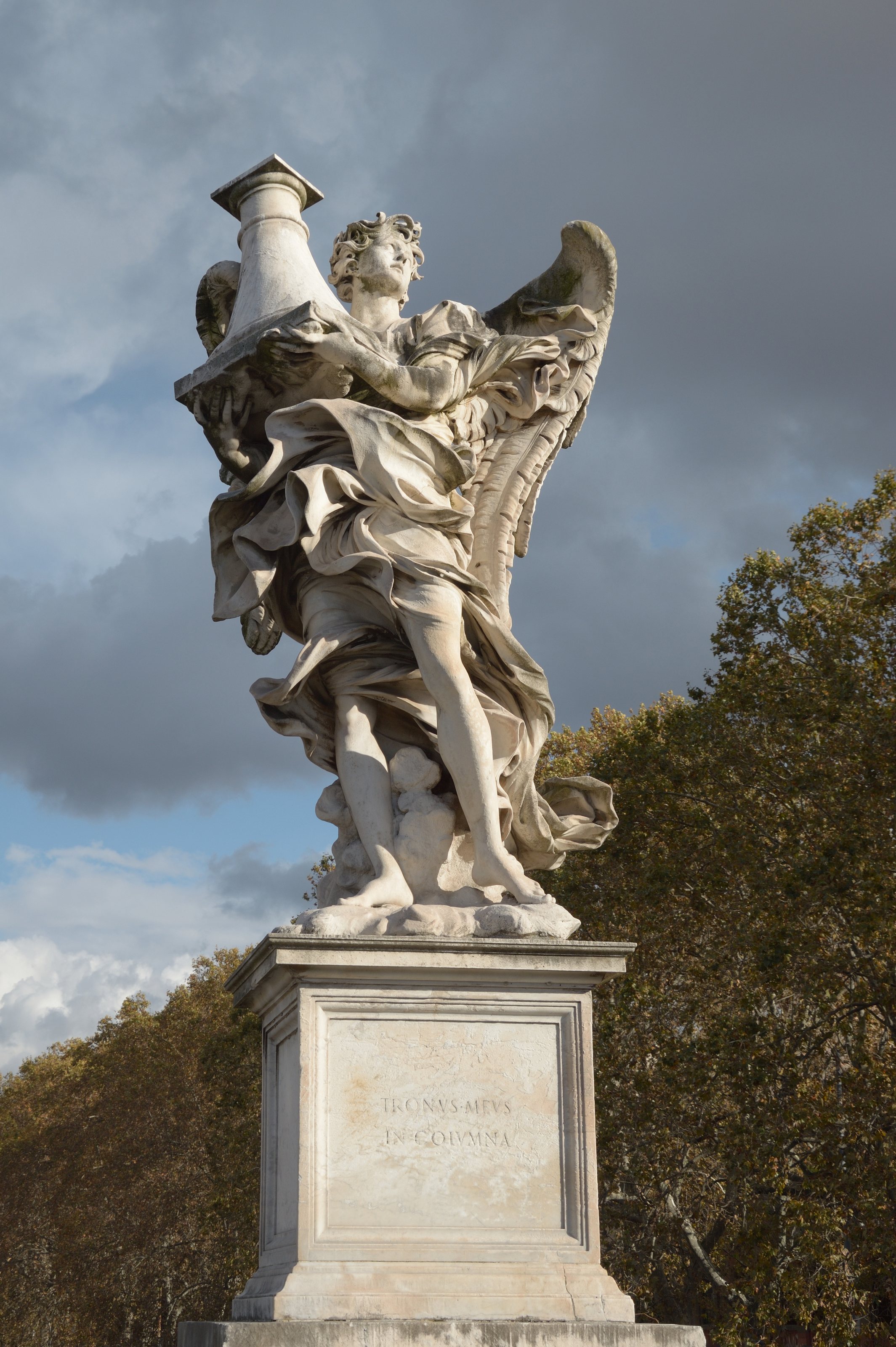 Angel bearing a column by  Antonio Raggi , with the inscription “tronus meus in columna” ("my throne is in a cloudy pillar", Sirach 24:4), eastern side of the Ponte Sant'Angelo in Rome.